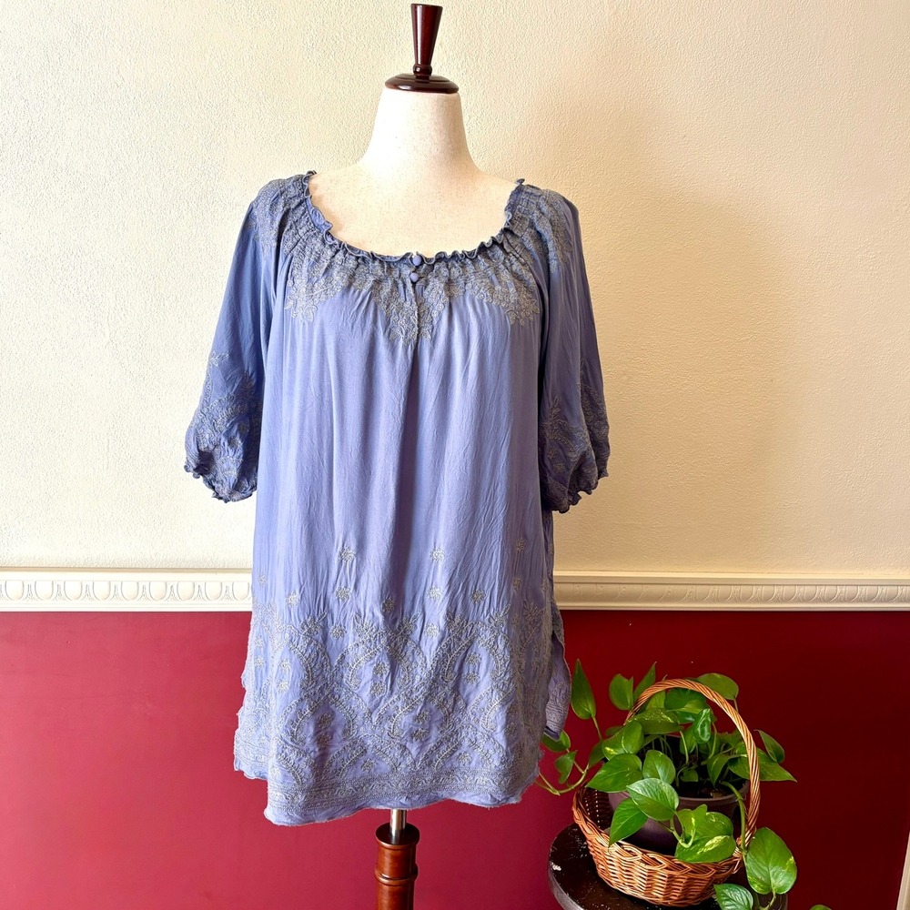 Sundance‎ Embroidered Tunic Top Size L Peasant Dusty Lavender Off-Shoulder Rayon